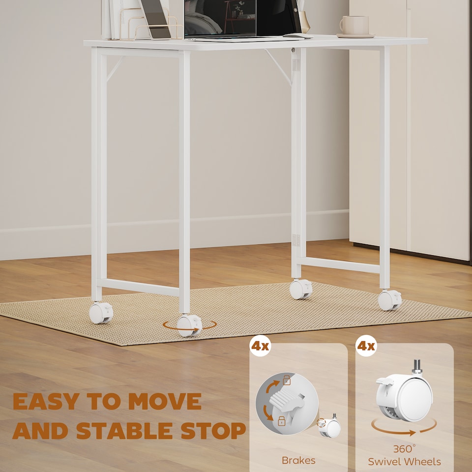 image 1 of HOMCOM Small Folding Desk, 80 cm Foldable Computer Desk on Wheels for Small Space, Space Saving Writing Table with Device Slot for Home Office, Bedroom, Easy Assembly, White Wood Effect | White