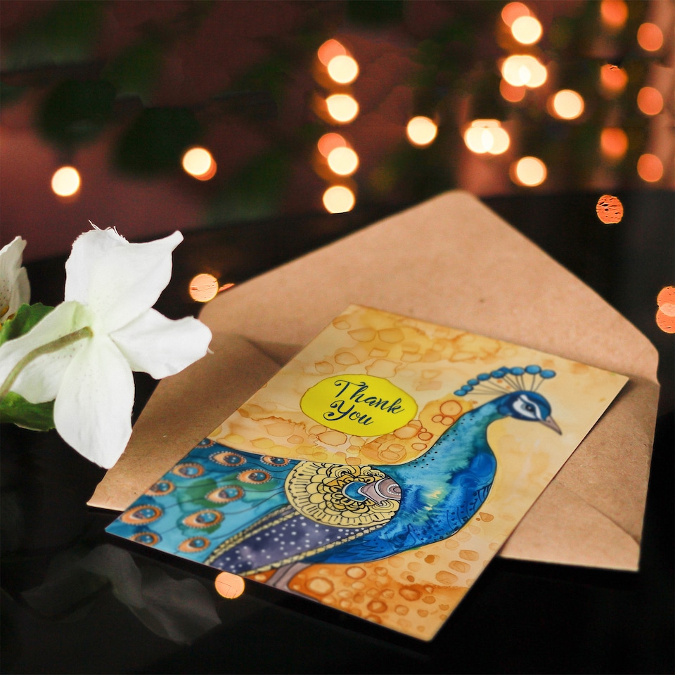 image 1 of Peacock Bird Mandala Pattern Feathers Folk Art Thank You Card