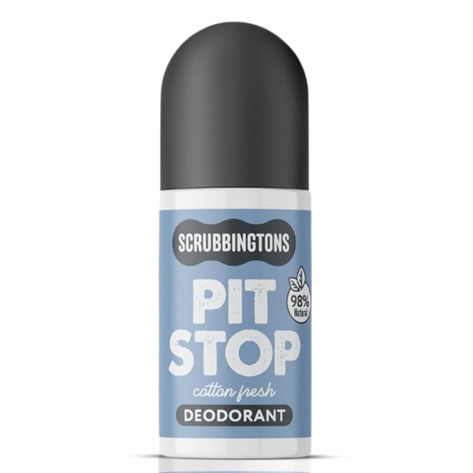 image 1 of Scrubbingtons Pit Stop Natural Deodorant For Women, Men, Roll on For Sensitive Skin Paediatrician approved, Aluminium & Alcohol Free, Vegan & Cruelty Free, Cotton Fresh, 75ml | Multi | 1