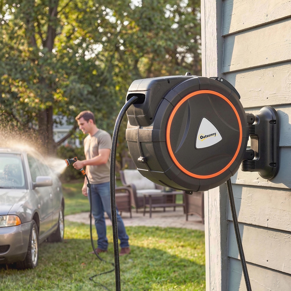 image 1 of Outsunny 28+2m Retractable Hose Reel Wall Mounted with Auto Retraction