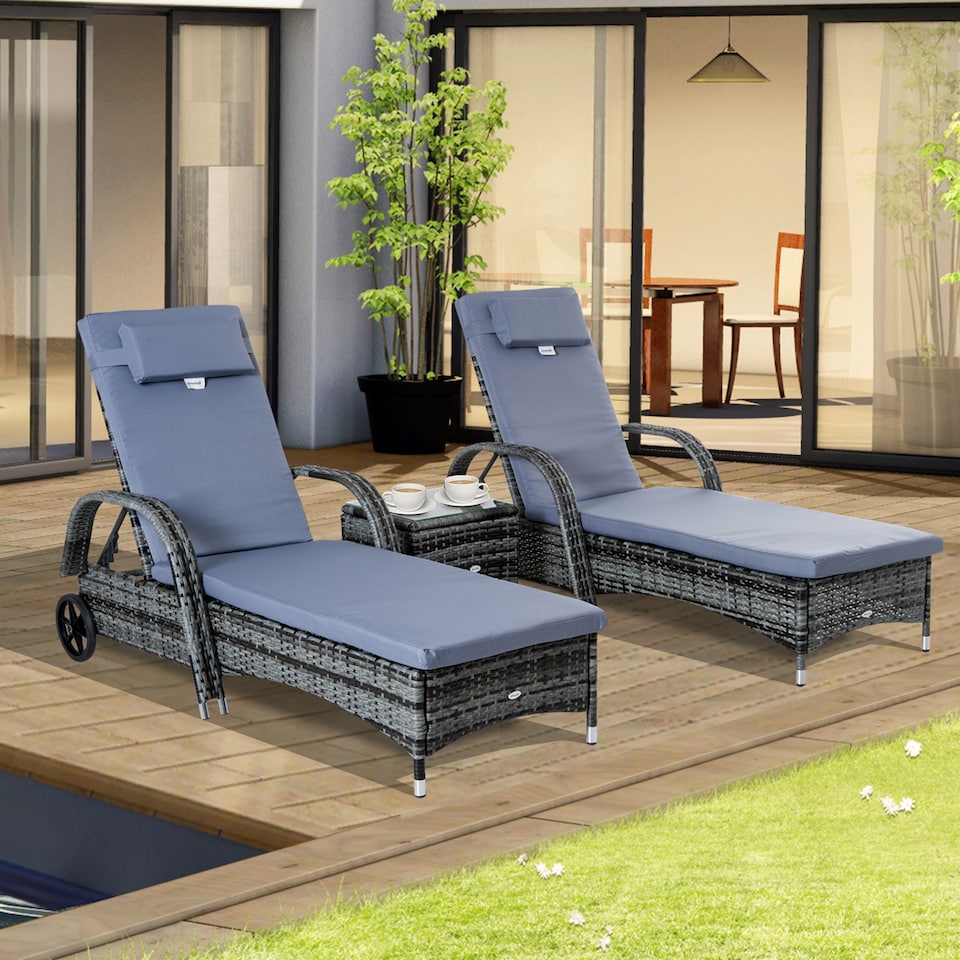 image 1 of Outsunny Rattan Sun Loungers for Garden Set of 2 with Side Table, Garden Recliner Sunbeds with Adjustable Back, Wheels, Cushions and Headrest, 3 Pieces Garden Furniture Set for Outdoor, Patio, Grey
