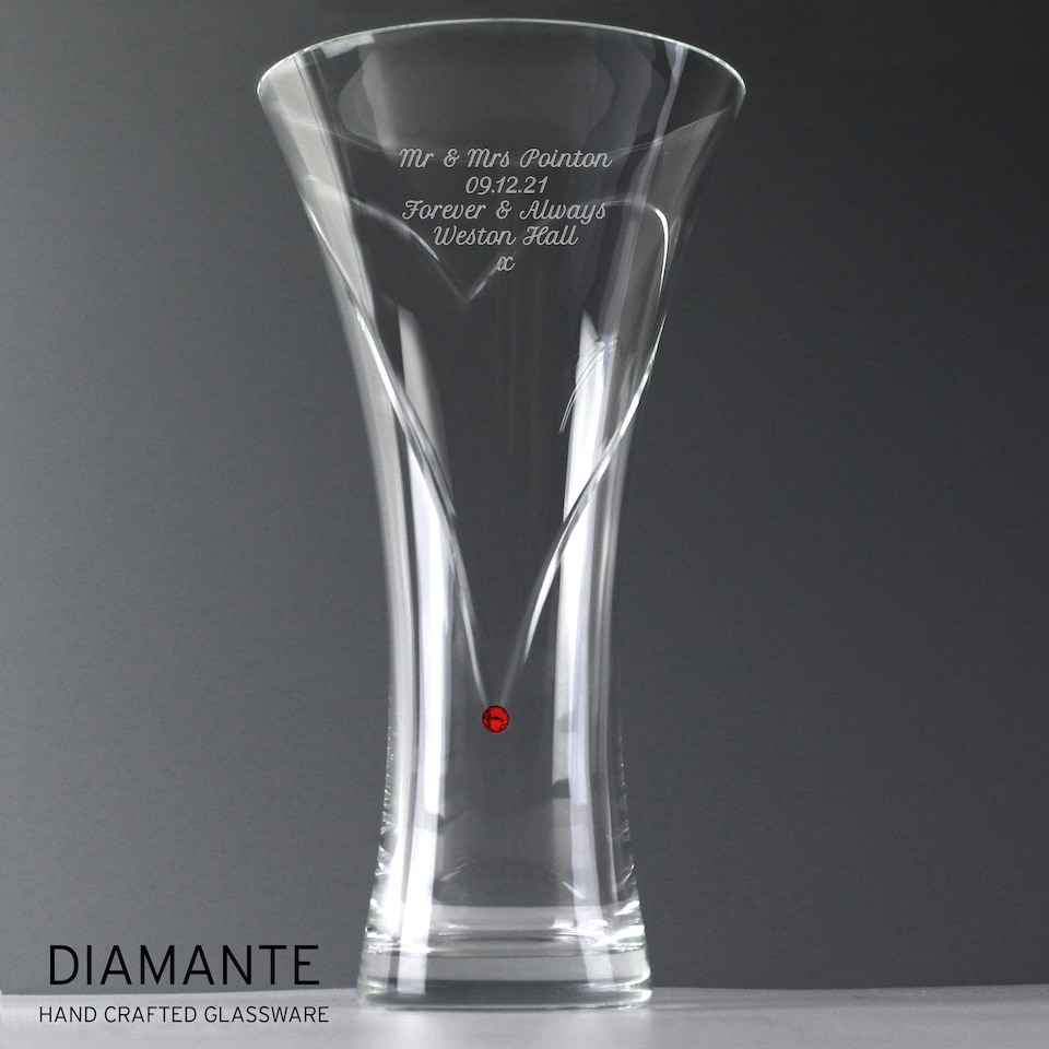 image 1 of Personalised Large Hand Cut Ruby Diamante Heart Vase Clear