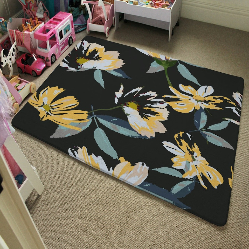 image 1 of Yellow Flowers on Green (Rug) Yellow | Large: 140x200cm