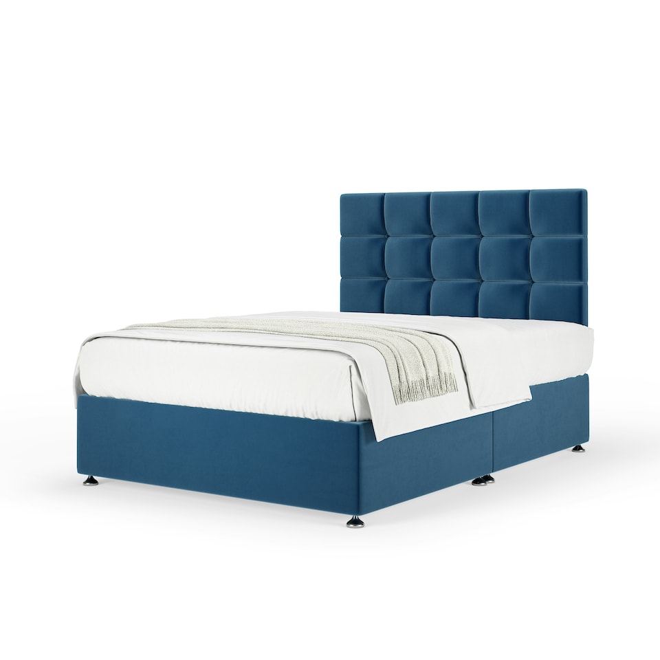 image 1 of Memory Maestro Memory Foam Blue Plush Velvet Divan Set And Pearl Headboard Super King