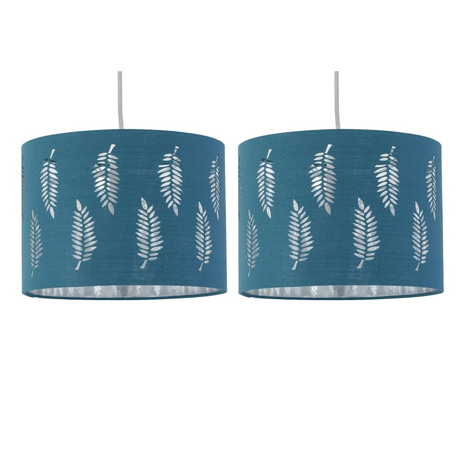 image 1 of First Choice Lighting Set of 2 Fern Teal Cut Out 25cm Pendant Lightshades Green | Silver