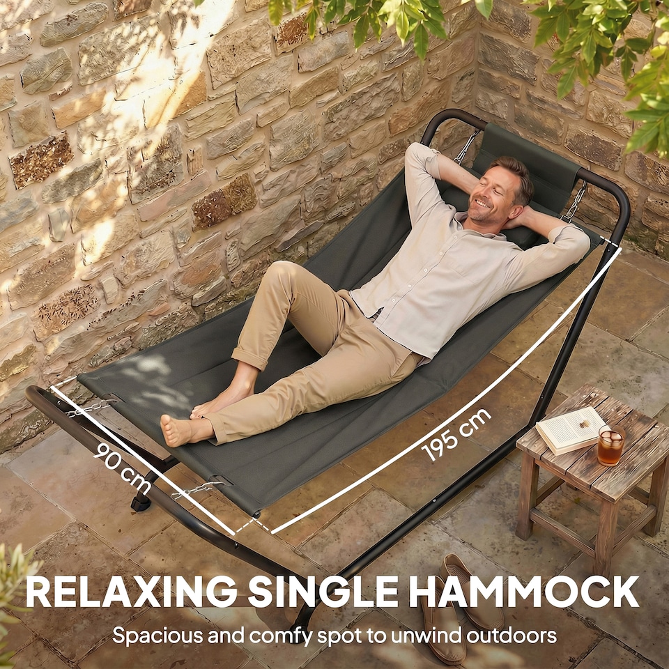 image 1 of Outsunny Outdoor Hammock with Stand with Side Pocket, Headrest, Dark Grey | Grey | Dark Grey | 237 x 90 x 92 cm