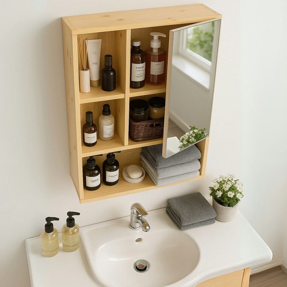 image 1 of Wooden Bathroom Wall Storage Cabinet Organiser Natural Brown Brown