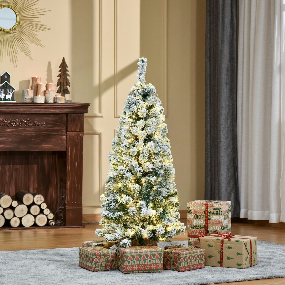 image 1 of HOMCOM 4FT Prelit Snow Flocked Christmas Tree w/ Light, Xmas Decoration Green