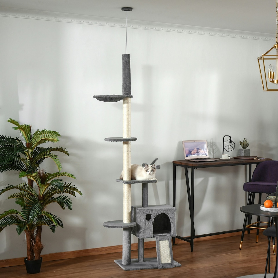 image 1 of PawHut 270cm Floor To Ceiling Cat Tree Scratching Post with Hammock, Grey