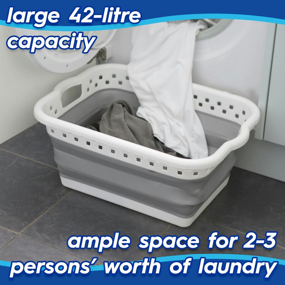 image 1 of Harbour Housewares 42L Collapsible Laundry Basket - Washing Clothes Storage Hamper Bin White | Grey