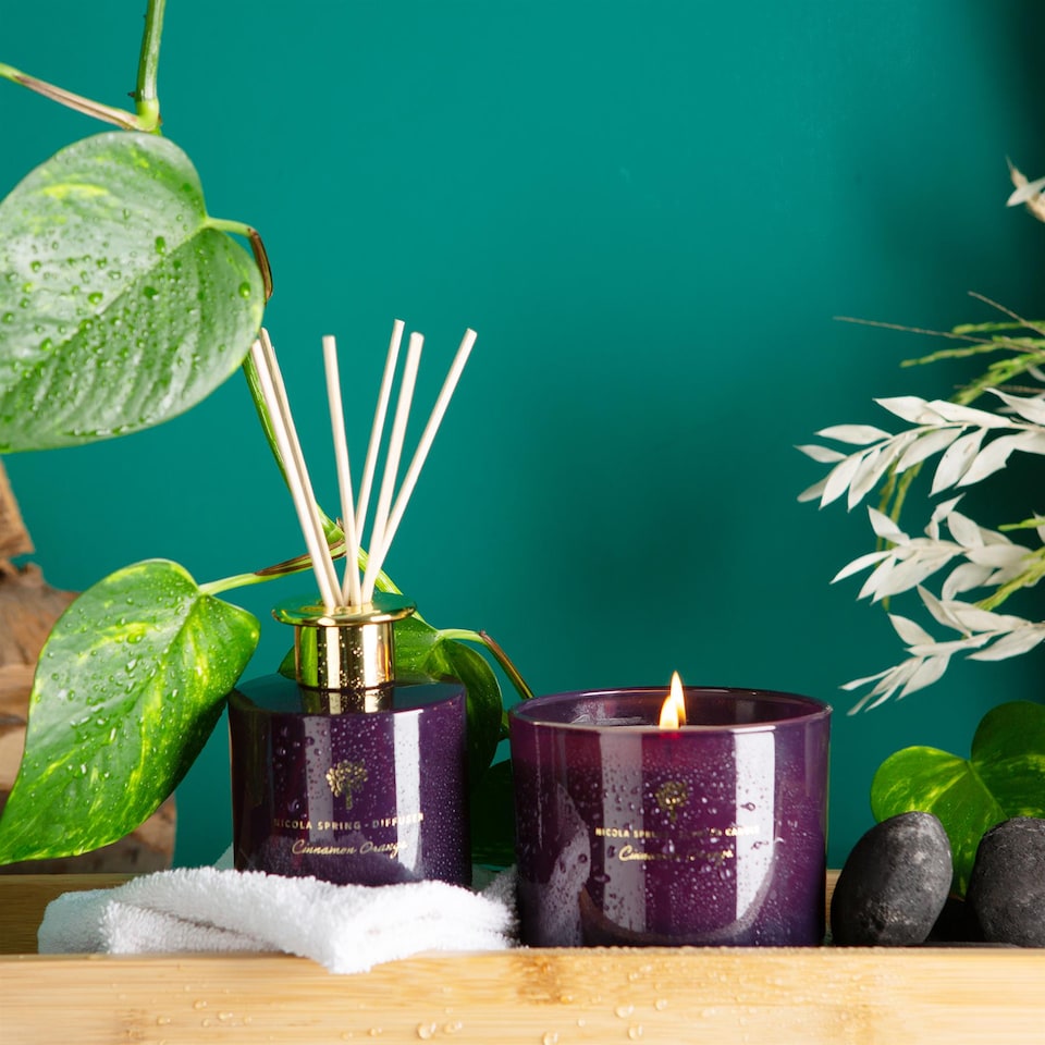 image 1 of Nicola Spring Scented Candle & Reed Diffuser Set - 350g - Cinnamon & Orange | Purple | Purple