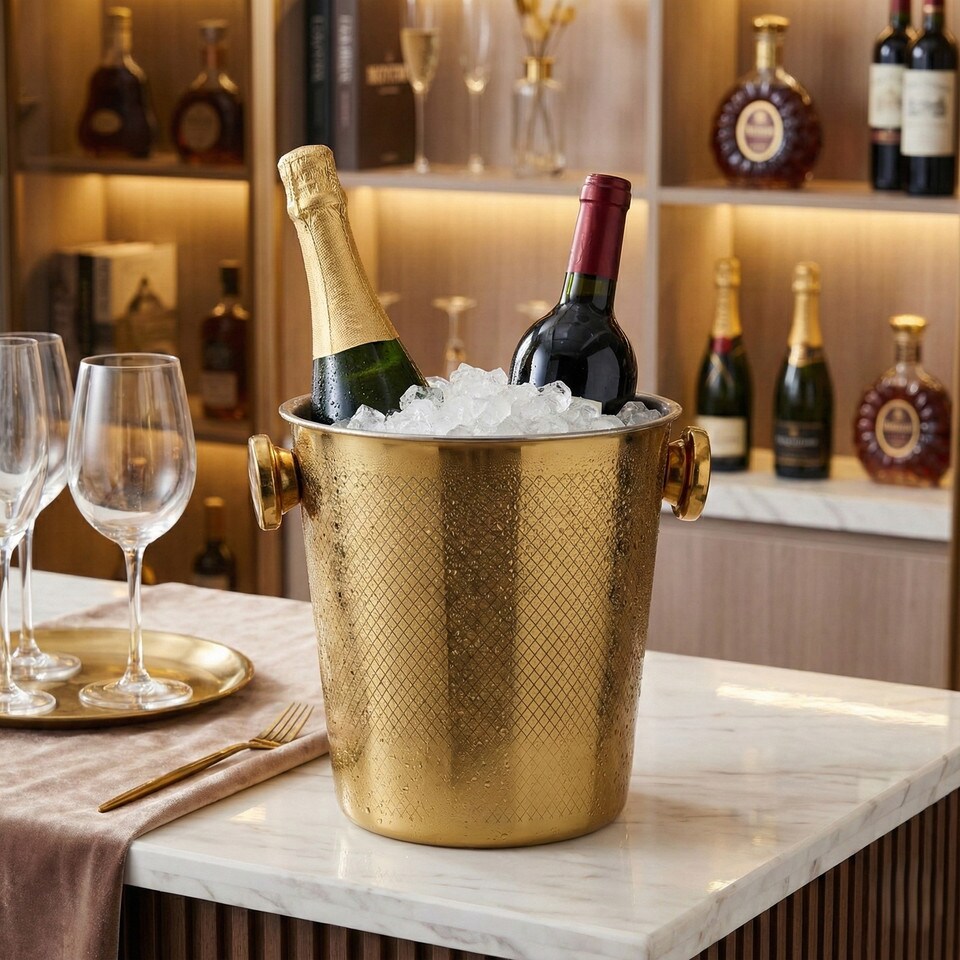 image 1 of Gold Metal Barware Set Cocktail Shaker Ice Bucket Wine Cooler Tongs Double Wall | Gold | Champagne & Wine Bottle Cooler