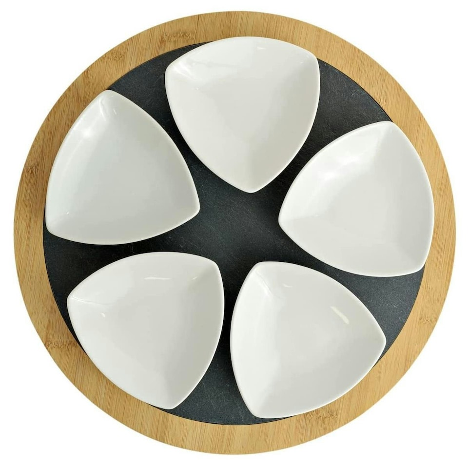 image 1 of Widdop Set of 5 Ceramic Serving Dishes with Round Slate Tray Brown