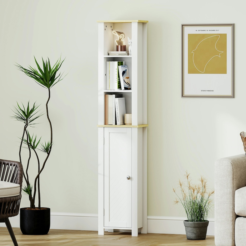 image 1 of kleankin Slim Bathroom Storage Unit with Open Compartment, White White