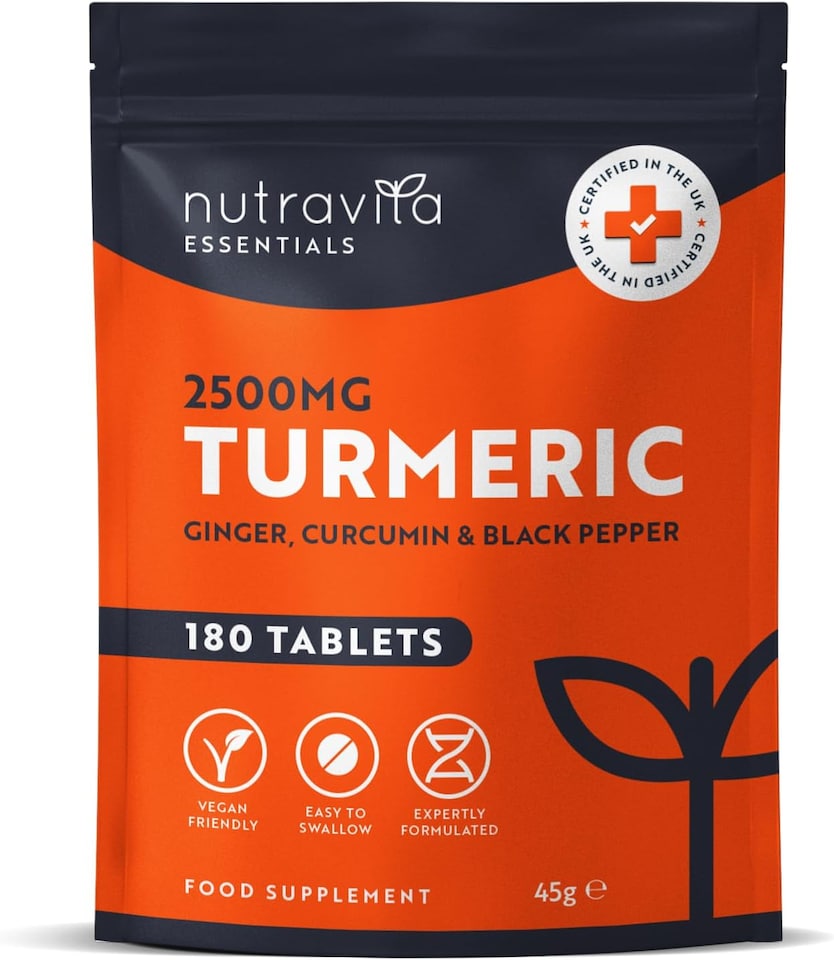 image 1 of Nutravita Turmeric Tablets 2500mg with Black Pepper, Ginger & Curcumin - Made in UK - 3 Month Supply - 180 Vegan High Strength Tumeric Supplements