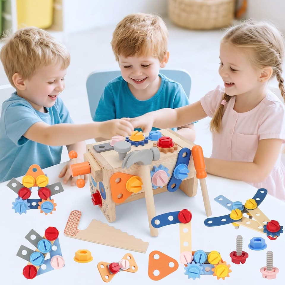 image 1 of Wooden Kids Tool Set – 37-Piece Montessori Construction Play Kit with Portable Suitcase Educational Role Play Toy for Ages 3–12