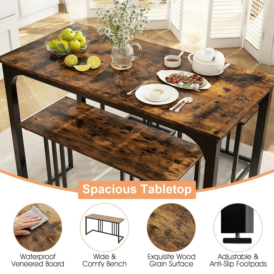 image 1 of COSTWAY 4-Piece Dining Table Set W/ Bench & 2 Stools Brown