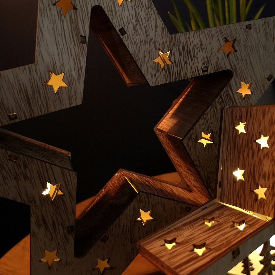 image 1 of Set of 2 Battery Operated Indoor Wooden Christmas Stars with Warm White LEDs