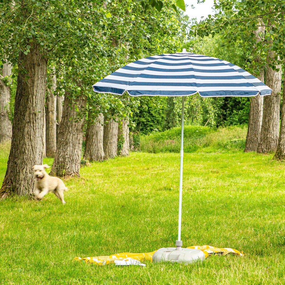 image 1 of Harbour Housewares Metal Beach Parasol & Base Set - 1.74 x 1.93m - Blue Stripe/White