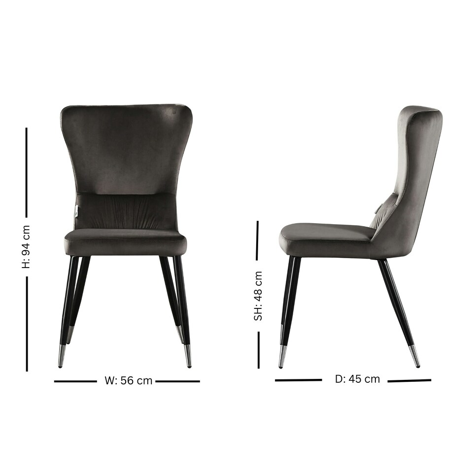 image 1 of Set of 2 New York Modern Velvet Dining Chairs with High Back, Black Metal Legs | Grey | Silver End Tips