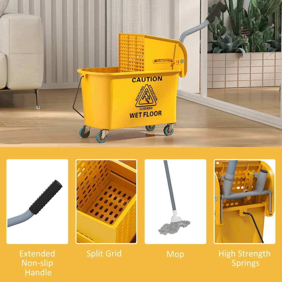 image 1 of HOMCOM Mop Bucket with Wringer on Wheels for Floor Cleaning 20 Litre Yellow