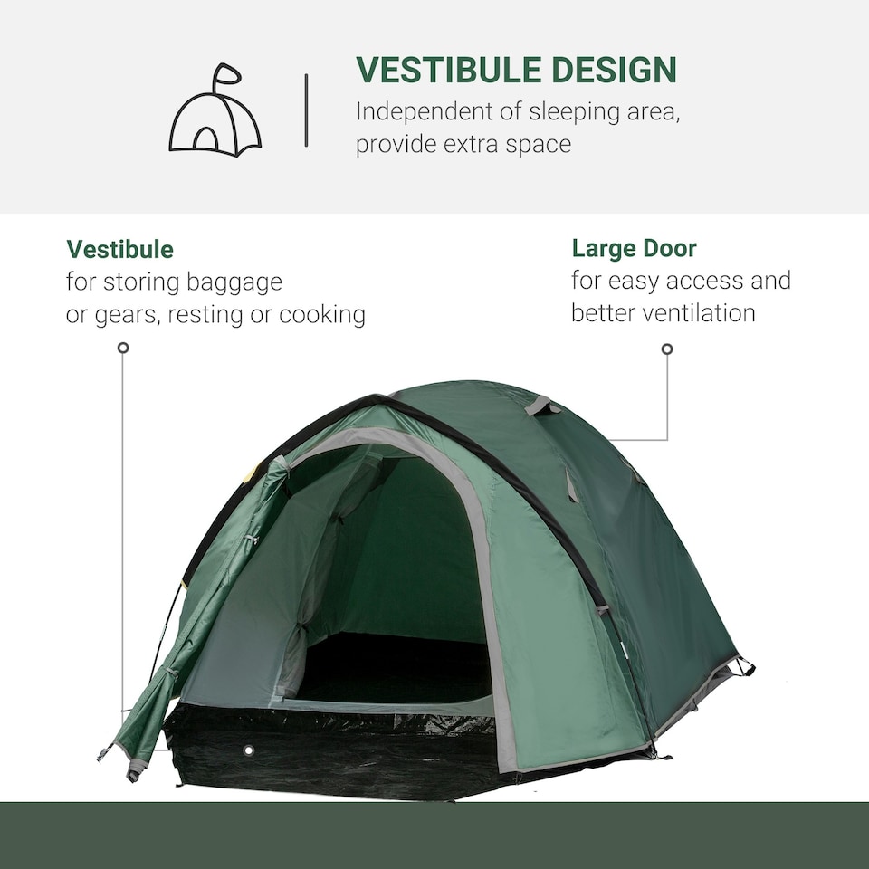 image 1 of Outsunny Compact Camping Tent w/ Vestibule & Mesh Vents for Hiking Green