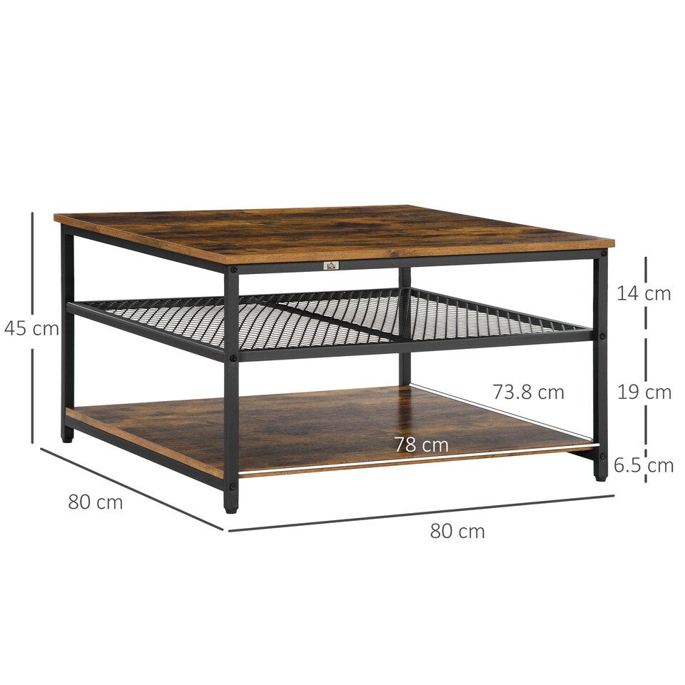 image 1 of HOMCOM Coffee Table, Living Room Table with 3-Tier Storage Shelves, Square Tea Table for Home Office, Rustic Brown | Brown