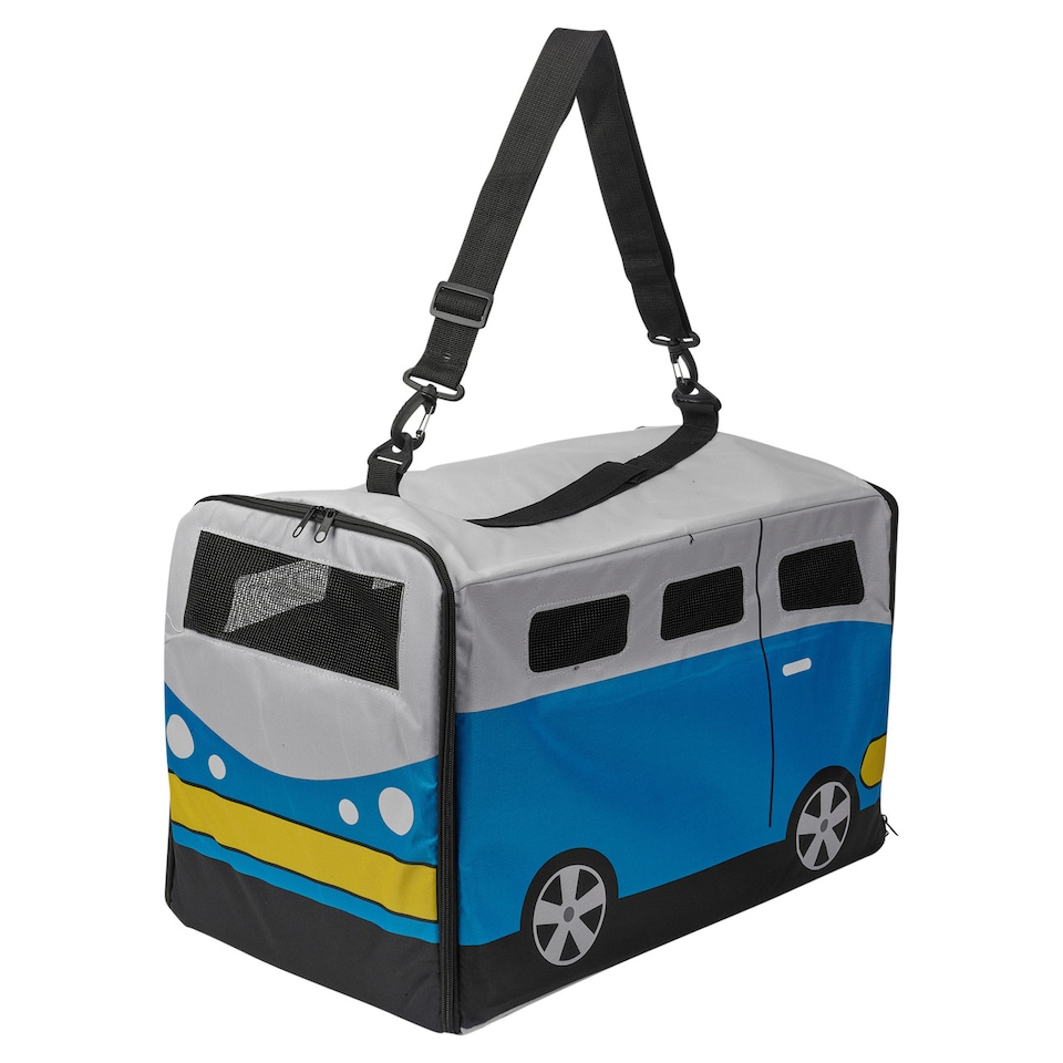 image 1 of Pet Carrier Bag Soft Polyester Kids Bus Themed Small Dog Cat Travel Carry Case | Multi | Blue Camper Bus | 1