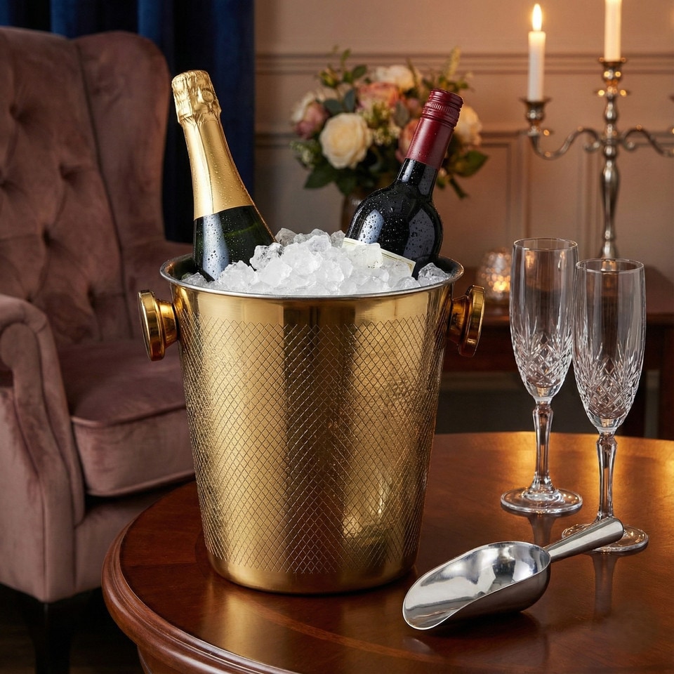 image 1 of Gold Metal Barware Set Cocktail Shaker Ice Bucket Wine Cooler Tongs Double Wall | Gold | Champagne & Wine Bottle Cooler