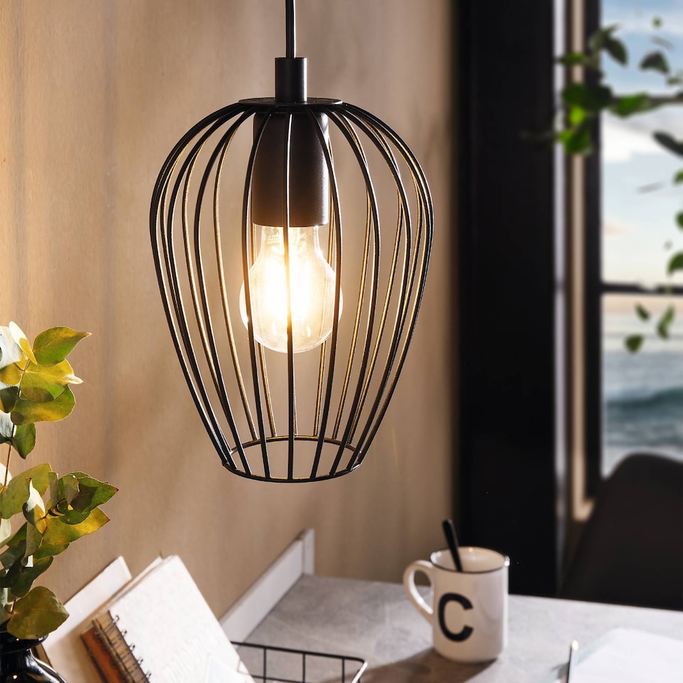 image 1 of EGLO Newtown Vintage Black Caged Steel Single Pendant, 16cm