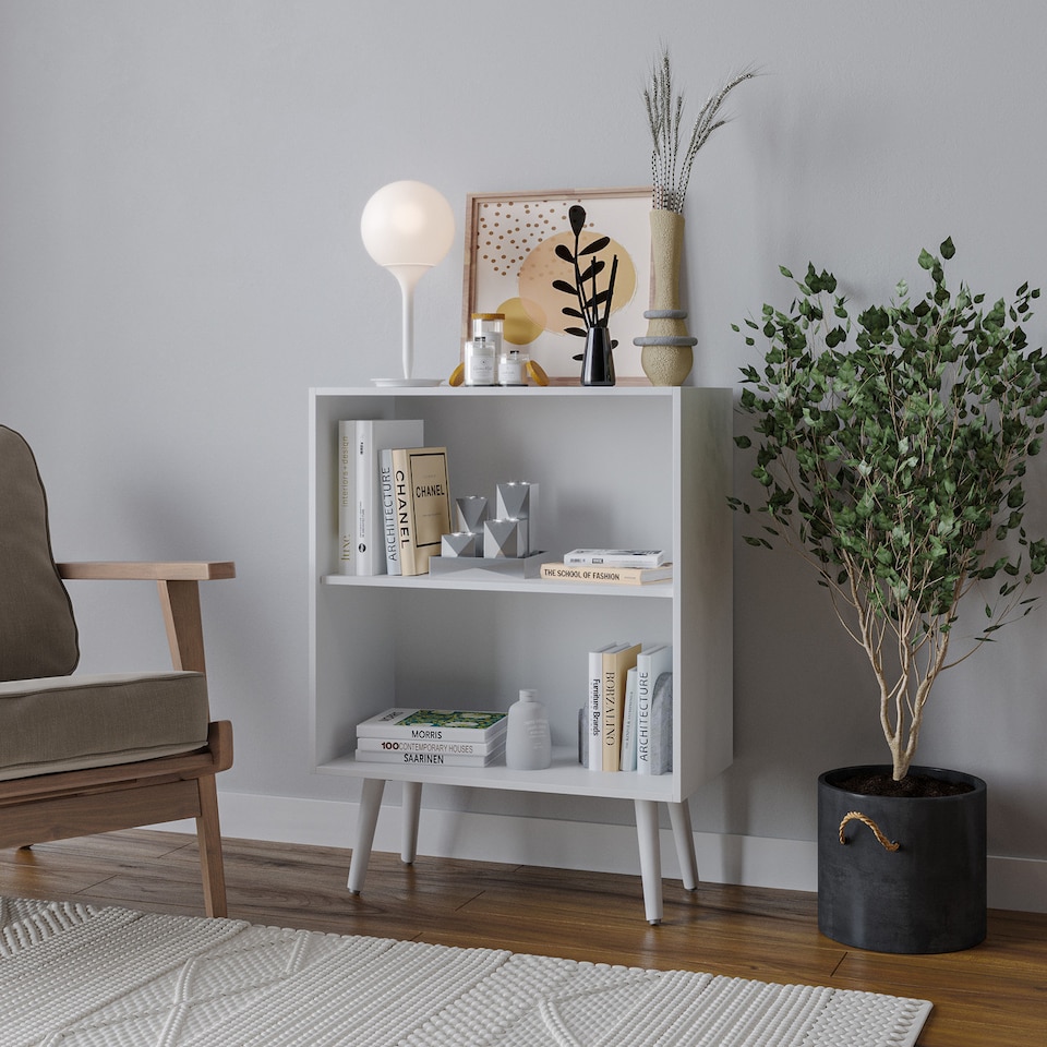 image 1 of 2-Tier Wooden Cabinet With Legs | White | White & White | 1