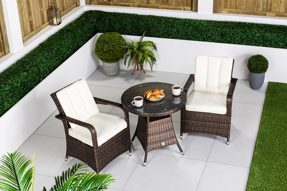 image 1 of Arizona Round Rattan Garden Bistro Table and Chairs Set 2 Seater | Brown | Brown