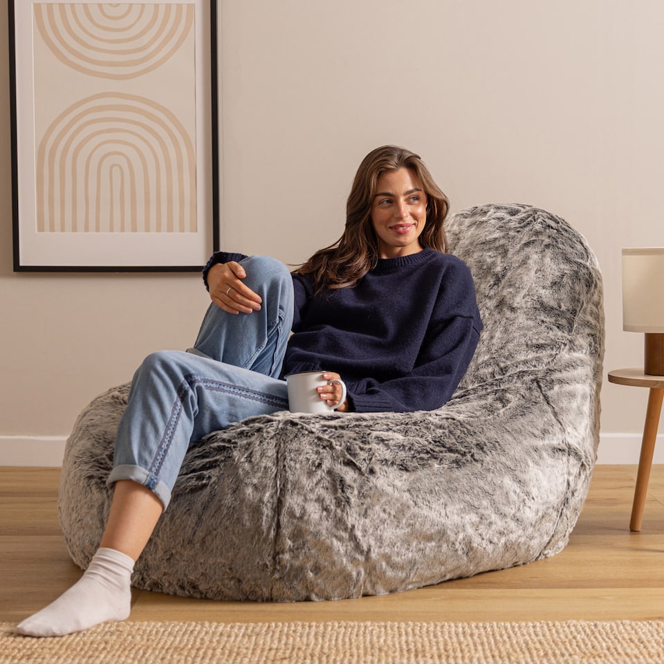 image 1 of icon Kenai Faux Fur Bean Bag Lounger Arctic Wolf Grey Giant Bean Bag Chair