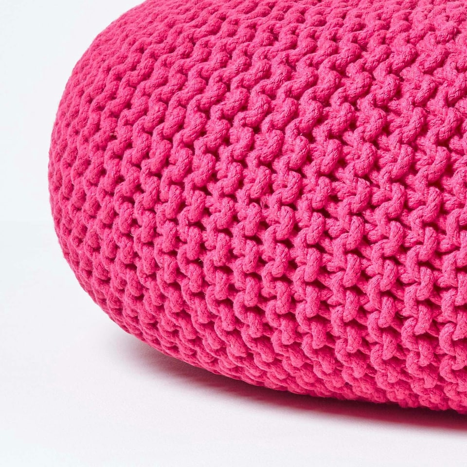 image 1 of Homescapes Hot Pink Large Round Cotton Knitted Pouffe Footstool