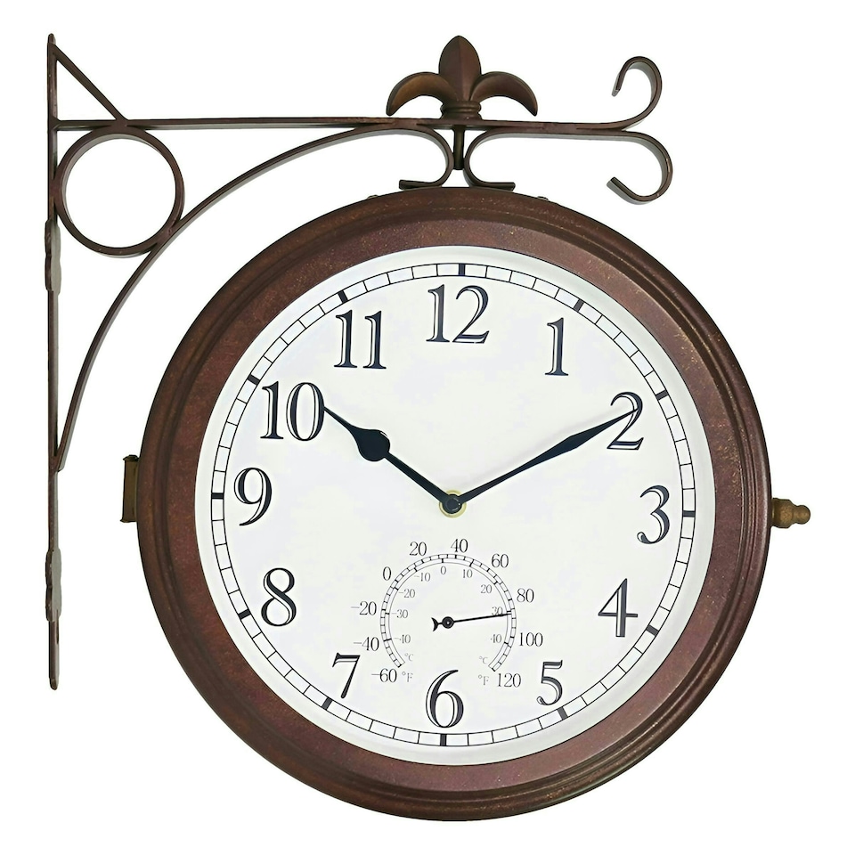Primrose Outdoor Garden Station Clock with Thermometer Antique Bronze Double Sided 41cm