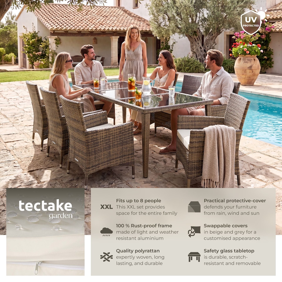 image 1 of Garden Table and Chairs Menorca - 8 armchairs, dining table, protective cover | Brown | nature | 59 x 57 x 86 cm | 1