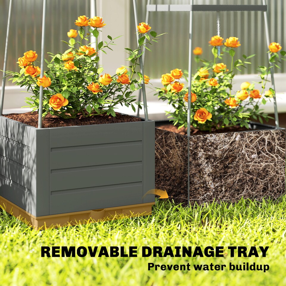 image 1 of Outsunny 2 Pack Raised Garden Bed with Trellis and Removable Drainage Tray | Grey | Grey