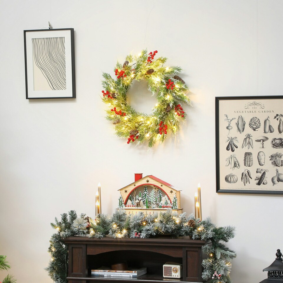 image 1 of HOMCOM 60 cm Prelit Christmas Wreath, Door Wreath with Realistic Branches