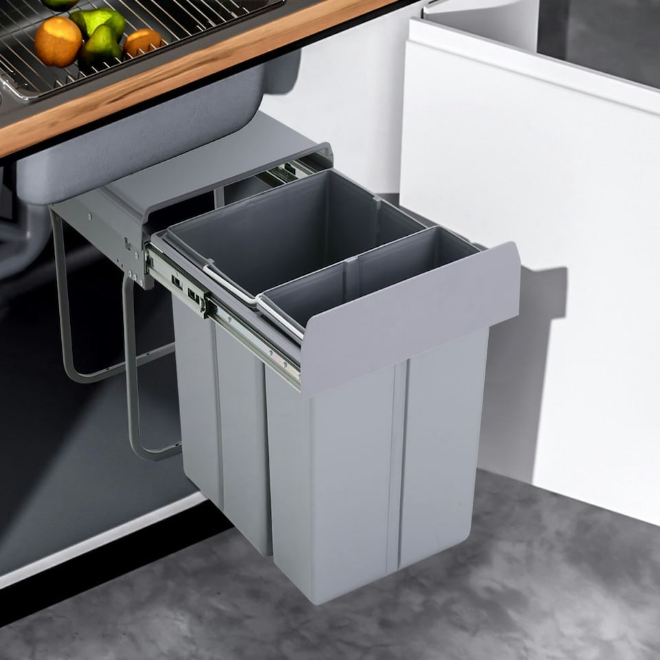 image 1 of Living and Home Cabinet Pull-Out Kitchen Trash Bin 30L(10L+20L) Grey