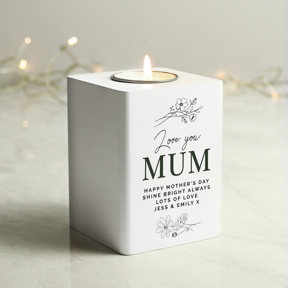 image 1 of Personalised Floral White Wooden Tea light Holder White