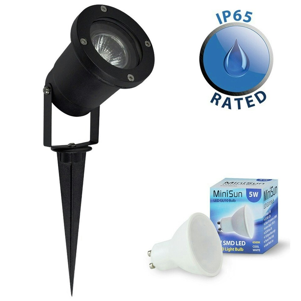 image 1 of ValueLights Derwent Modern Ground Spike/Wall Mount IP65 Rated Outdoor Light In Black Finish with LED Bulbs