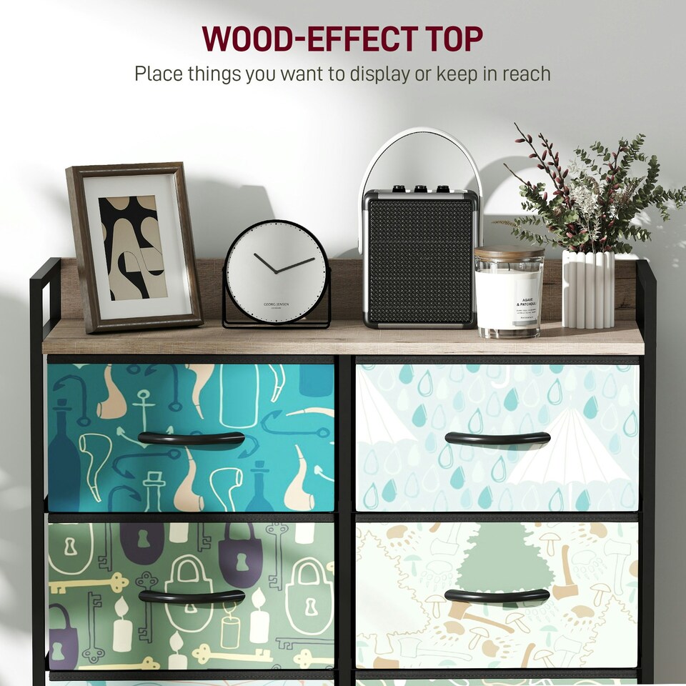 image 1 of HOMCOM 8-Drawer Chest of Drawers, Fabric Dresser with Open Shelf, Blue Blue | Black frame, wood-effect top