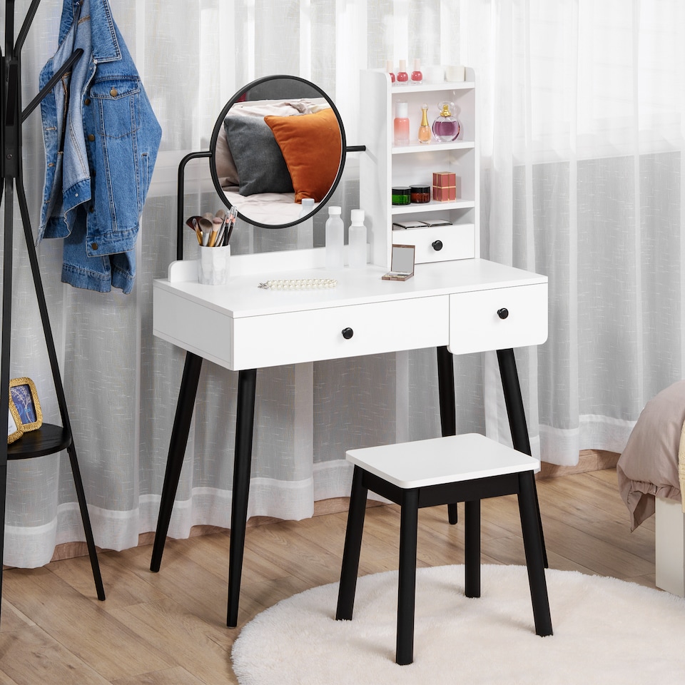 image 1 of HOMCOM Dressing Table Set with Mirror and Stool, Vanity Makeup Table with 3 Drawers and Open Shelves for Bedroom, Living Room, White
