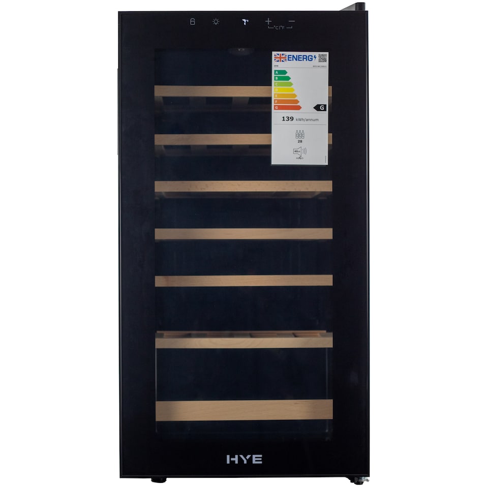 image 1 of HYE 88L Wine Cooler 28 Bottles, 43cm, Touch Controls, LED Lights, Black, Wooden Shelves - RF01WC28B31