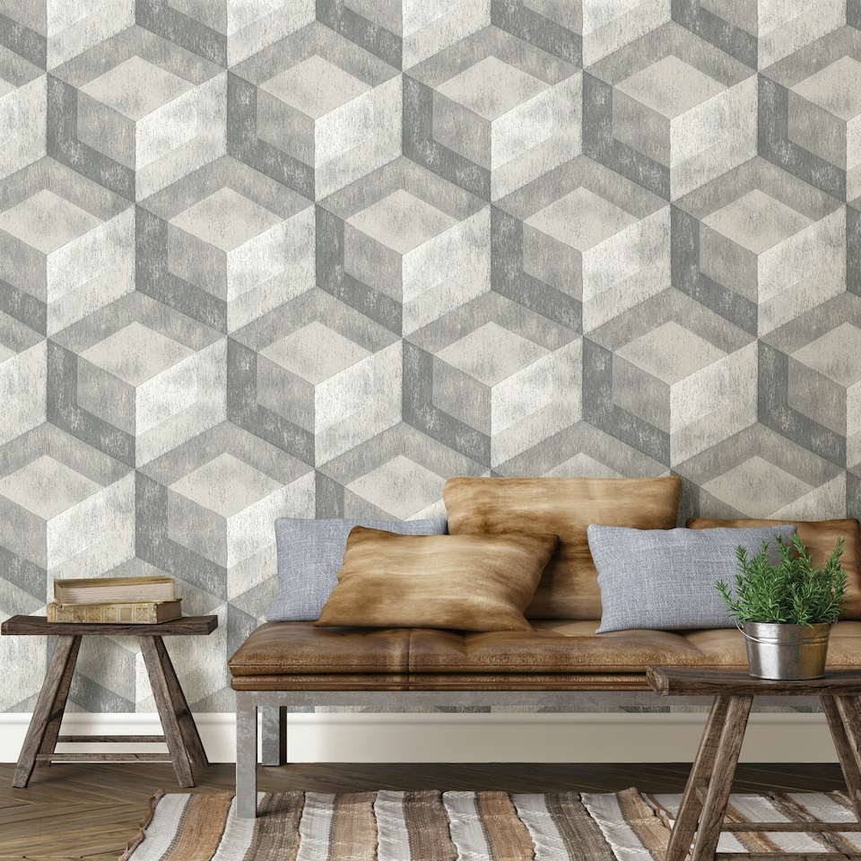 image 1 of NuWallpaper NU2085 Bauhaus Weathered Wood Peel & Stick Wallpaper, Grey Multi