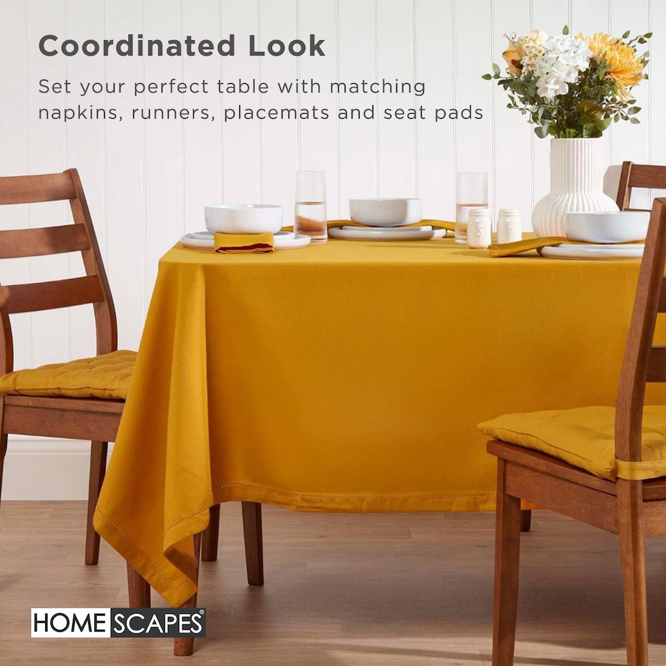 image 1 of Homescapes Mustard Yellow Cotton Round Tablecloth - 178 cm | Yellow | 178cm (70")