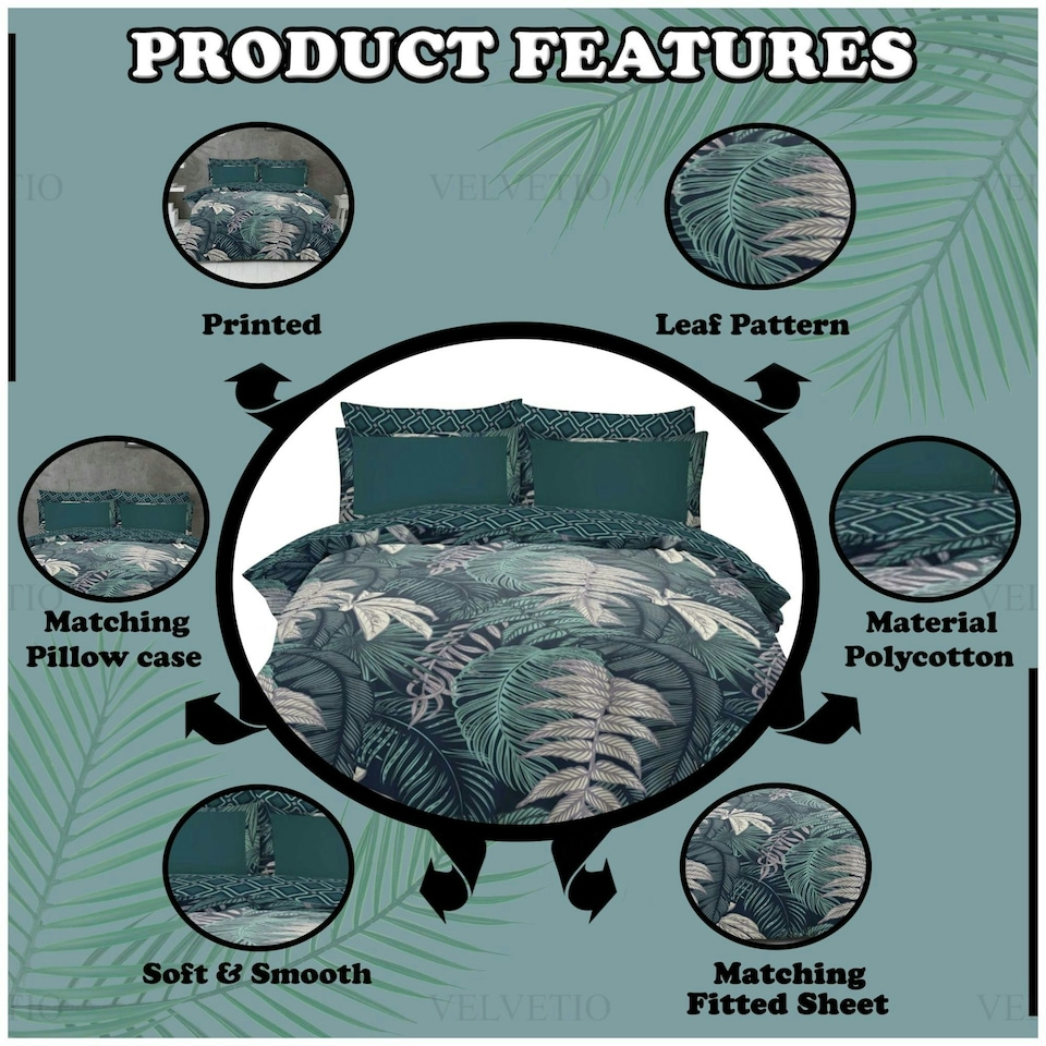 image 1 of VELVETIO Palms Complete Duvet Cover Set with Fitted Sheet Breathable Bedding Quilt Green | Double