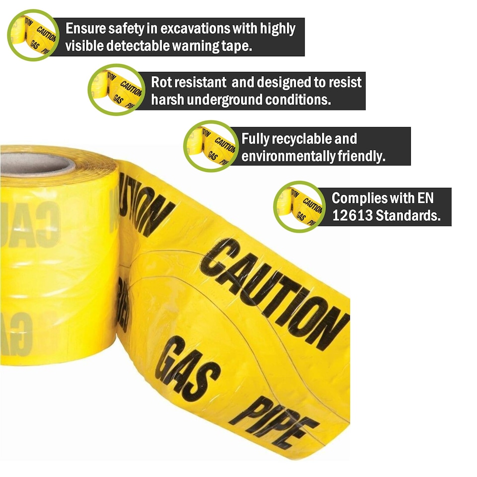image 1 of Pegdev High Visibility Underground Detectable Warning Tape Gas 150mm x 50m