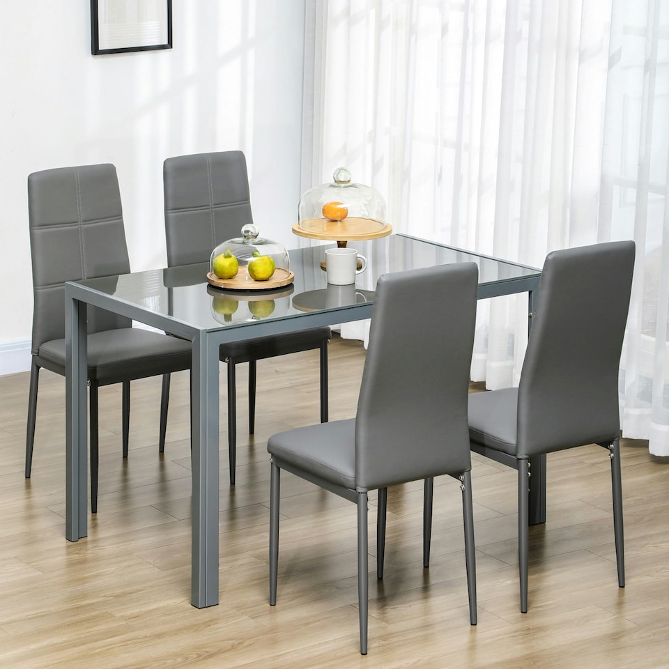 image 1 of HOMCOM 5-Piece Kitchen Dining Table Set with 4 Faux Leather Metal Frame Chairs Glass Tabletop Desk for Dining Room, Kitchen, Dinette, Grey