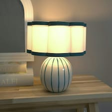 ValueLights Rohan Teal Stripe Ceramic Sphere Table Lamp with Teal Trim Shade